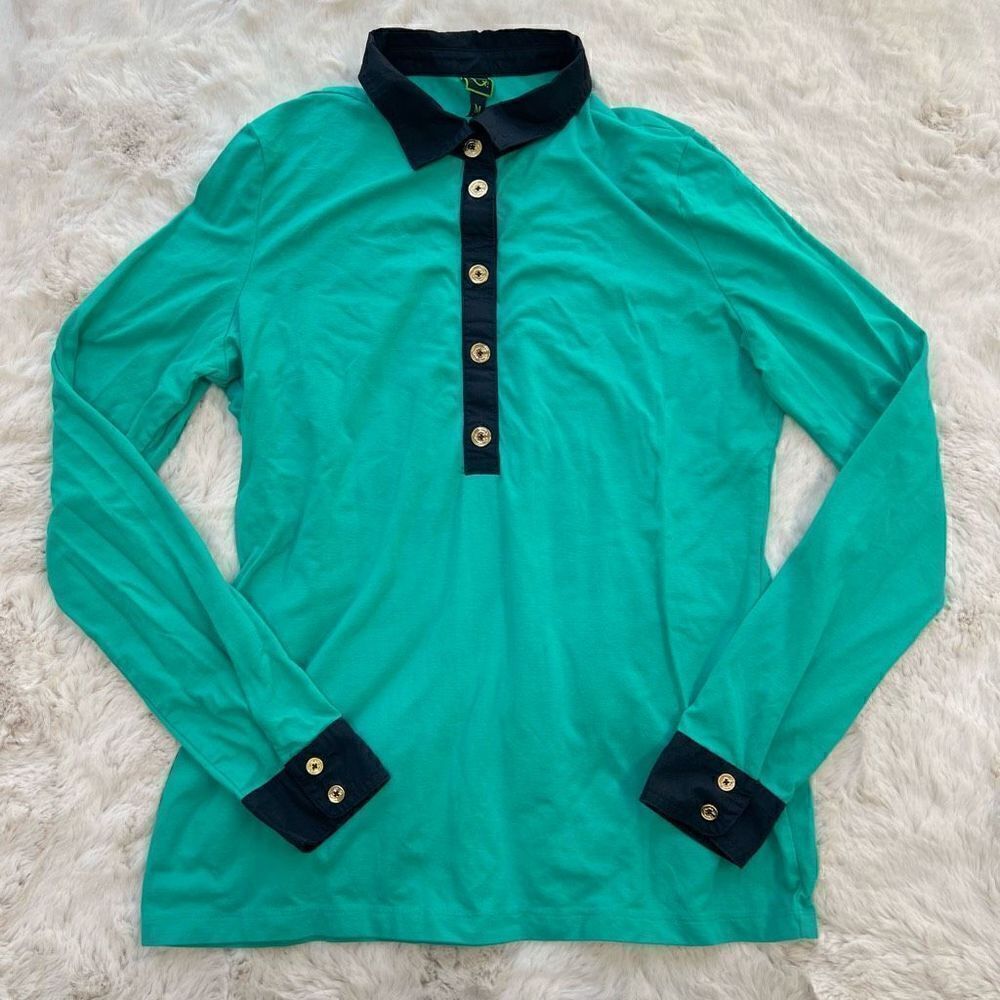 C Wonder Long Sleeve Polo Shirt Collared Top Teal Navy Gold Buttons Preppy sz M